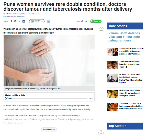Pune woman survives rare double condition, doctors discover tumour and tuberculosis months after delivery